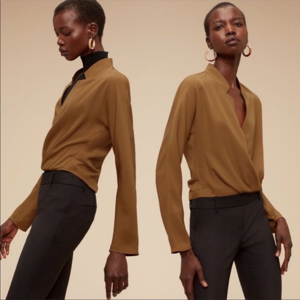 Babaton Sheldon Wrap Blouse Small Khaki Surplice